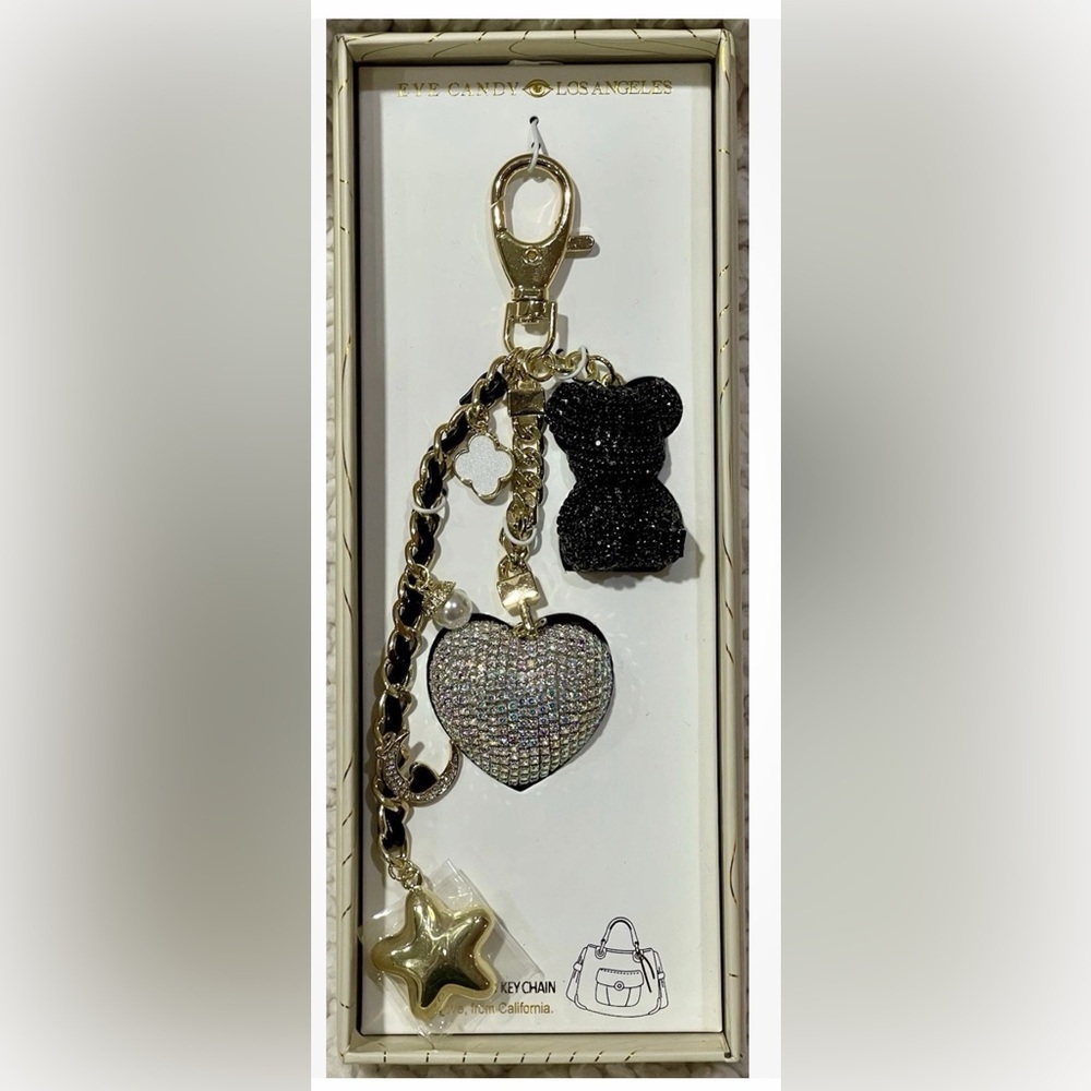Gold and Black Charm Keychain with Heart and Bear